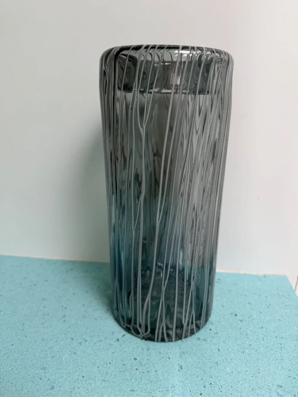 Murano Handblown Translucent Vase With Melted Threads Gray Clear White Vintage